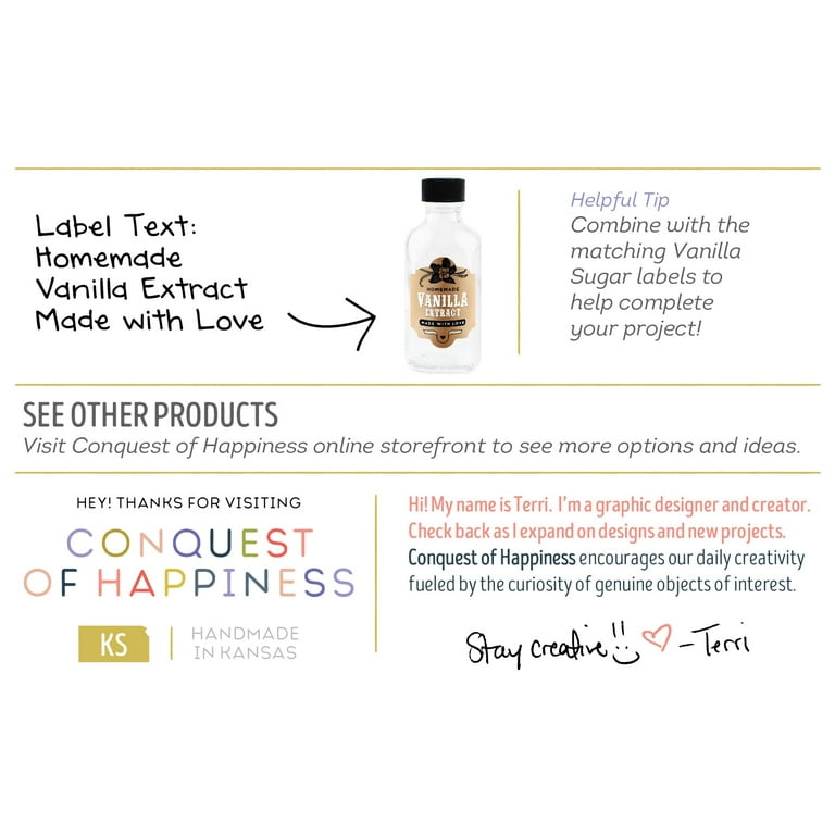 Homemade Vanilla Extract Labels with 2 oz Bottles - Made with Love -  Handmade by Conquest of Happiness