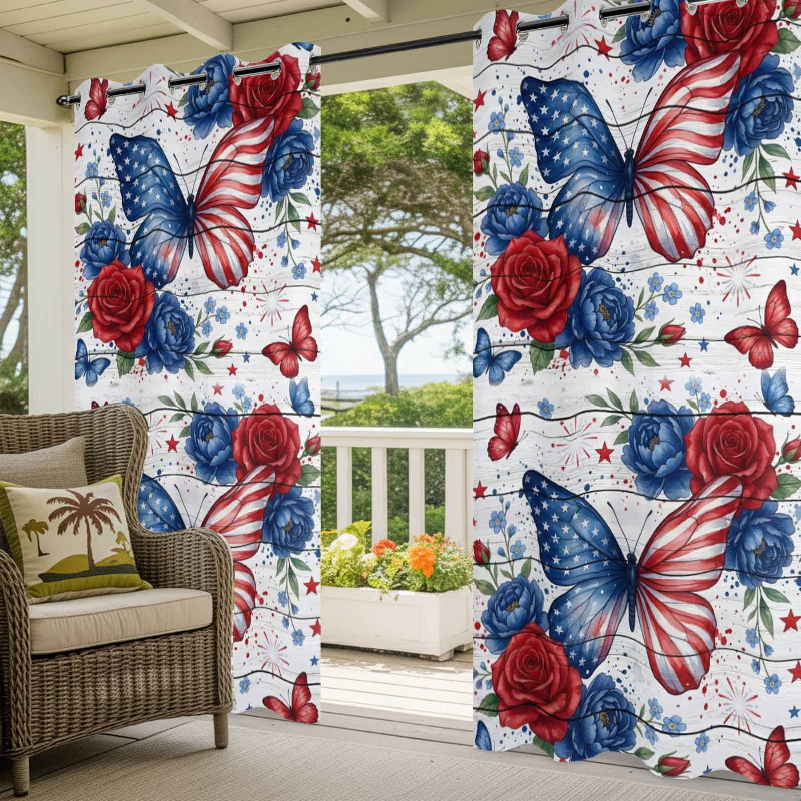 Independence Day Outdoor Curtains for Patio, American Flag Butterfly Blue Red Flower Country Wood Striped Sunshade Privacy Drapes Grommet Waterproof Outside Curtains for Porch 54"x108", 1 Panel