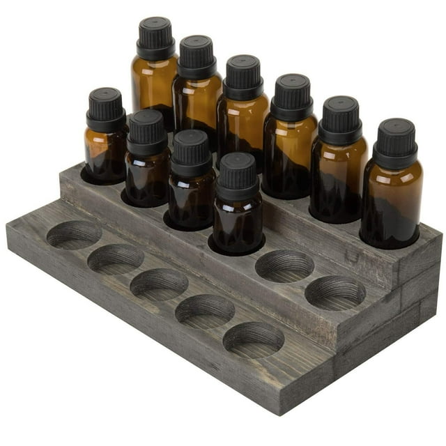 Estante de exhibición para Aceites Esenciales, Tiene 3 Niveles, Esta Hecho de Madera Gris y Tiene Capacidad para 17 Botellas