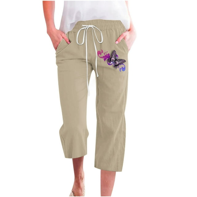 Jsaierl Linen Pants Women Drawstring Elastic Waist Straight Leg Lounge Capris Plus Size Graphic Wide Leg Cropped Leggings with Pockets