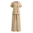 thumbnail image 7 of Women Suits 2 Piece Set Womens Solid Color Casual Vacation Linen Outfit Button Short Sleeve Blouse Wide Leg Pants Set Summer Travel Wear Khaki 3XL, 7 of 7