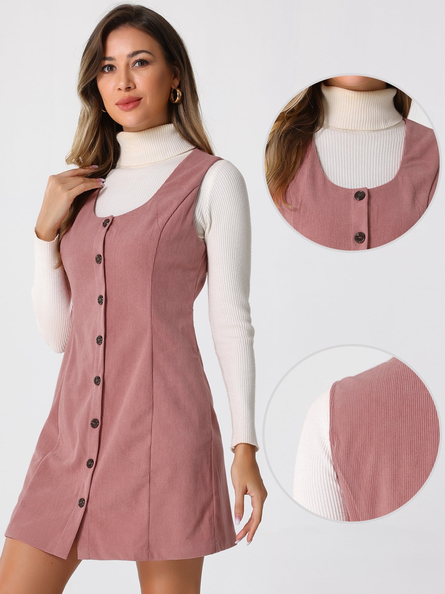 DARING DIVA Women's Corduroy Button Down Pinafore Overall Dress L Pink