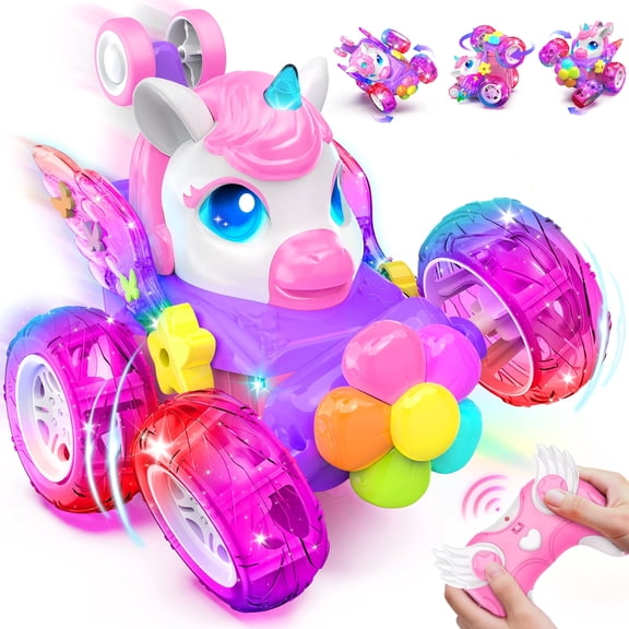 Woucmuy Unicorn Remote Control Monster Truck for Girls, 2.4GHz 4WD RC Car with LED Lights & 360° Stunts, Birthday Gift for Kids