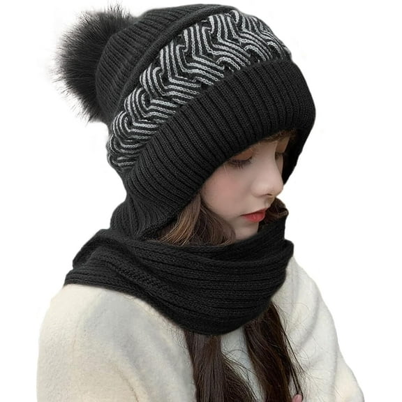 CAILDANL Womens Winter Hats Scarf All in One Beanie Hats with Pompom, Fleece Lining Warm Knit Skull Cap Beanie for Women