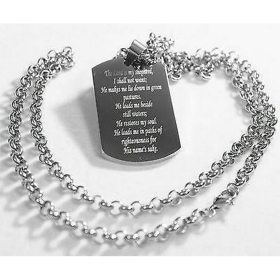 PSALM 23  THICK  NECKLACE  DOG TAG STAINLESS STEEL ROLO CHAIN PRAYER MEMORIAL