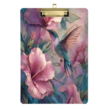 Premium Acrylic Clipboard Clear Board with Gold Clip Thick Durable for Office Teacher,Hibiscus Hummingbird