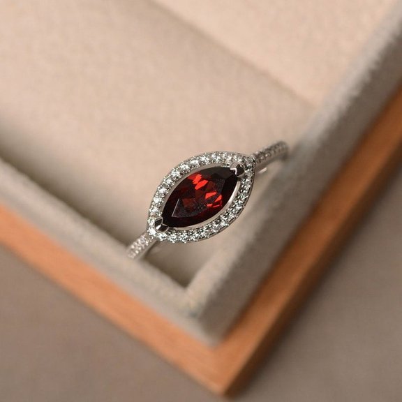 Marquise cut red garnet ring, engagement ring, sterling silver, January birthstone gemstone, halo ring