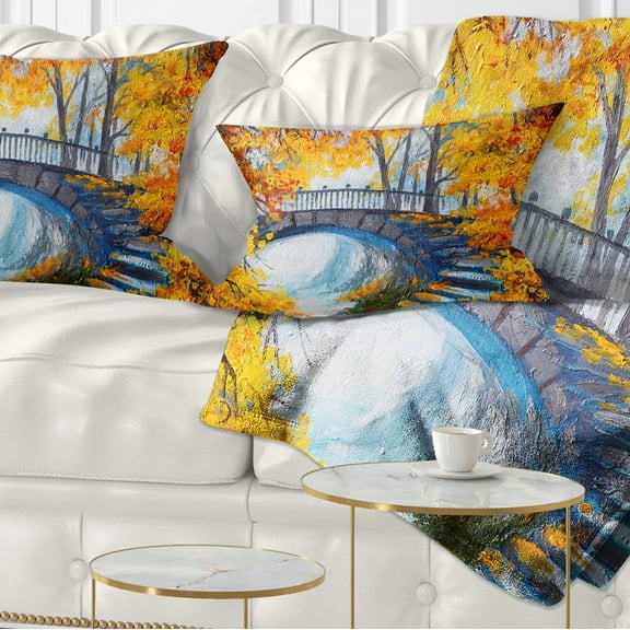 Designart Fall Forest with a Bridge - Landscape Printed Throw Pillow - 12x20
