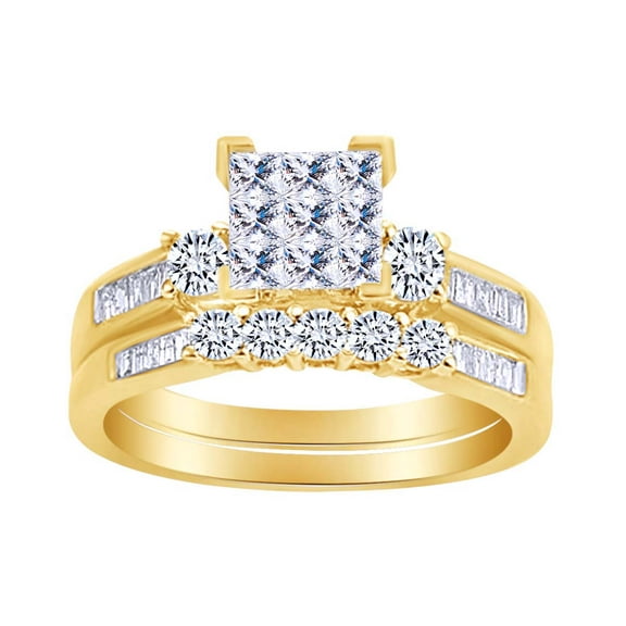 AFFY Multi Shape White Natural Diamond Square Cluster Bridal Ring Set In 10K Solid Yellow Gold (1 cttw)-4
