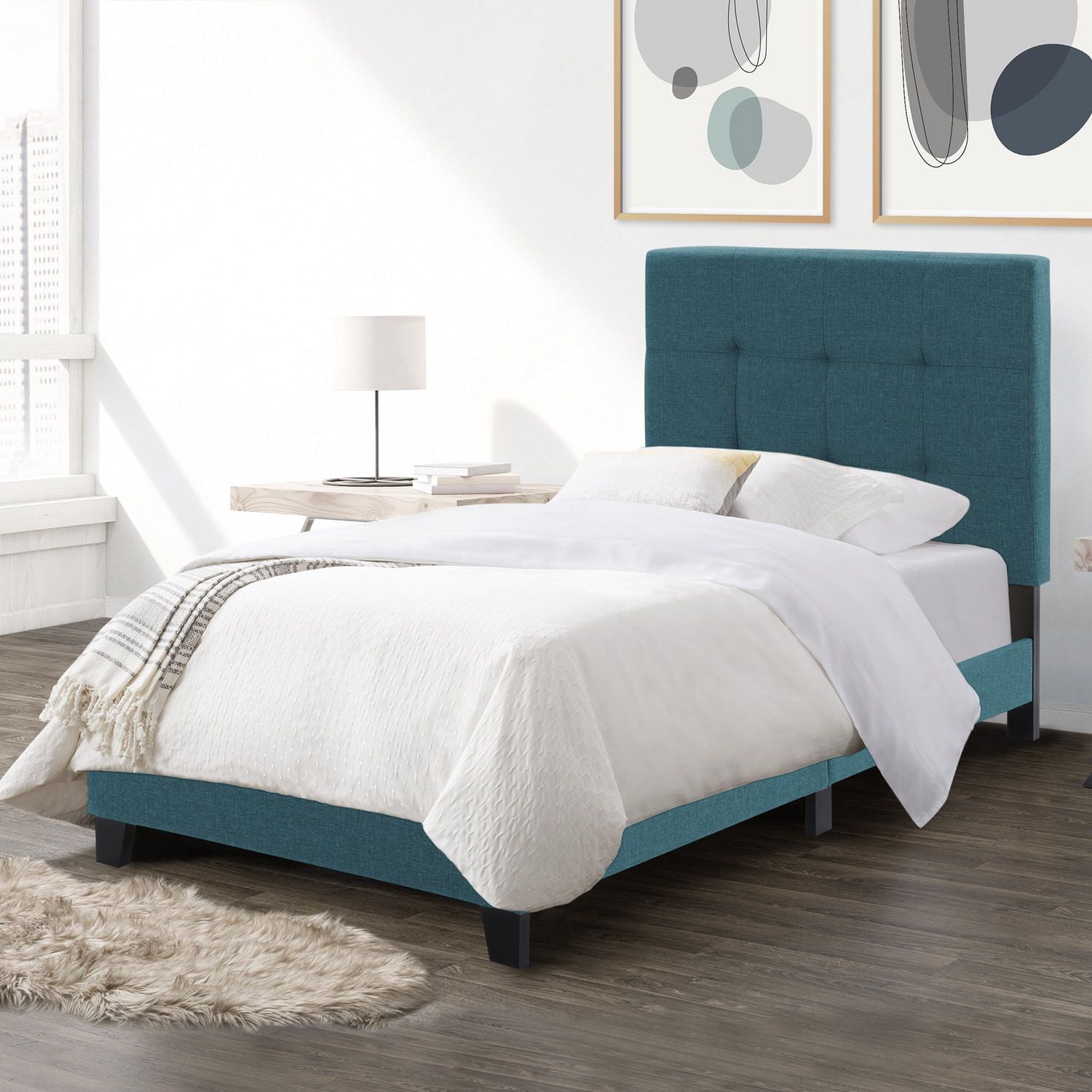 CorLiving Ellery Fabric Upholstered Adult Twin Bed Frame with Slats and Tufted Headboard - No Box Spring Required
