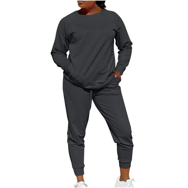 Timegard 2 Piece Sets for Women Crew Neck Long Sleeve Top Running Pants Fall Comfy Outfits with Pockets