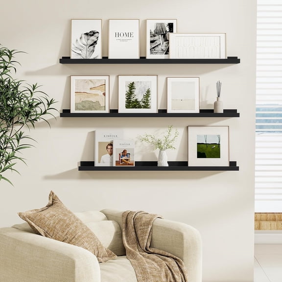 Picture Ledge Shelf, Black Floating Shelves Set of 4, 36 Inch Picture Shelves for Wall with Ledge, Large Nursery Book Shelf for Toys Storage, Living Room, Bedroom Decor Frames