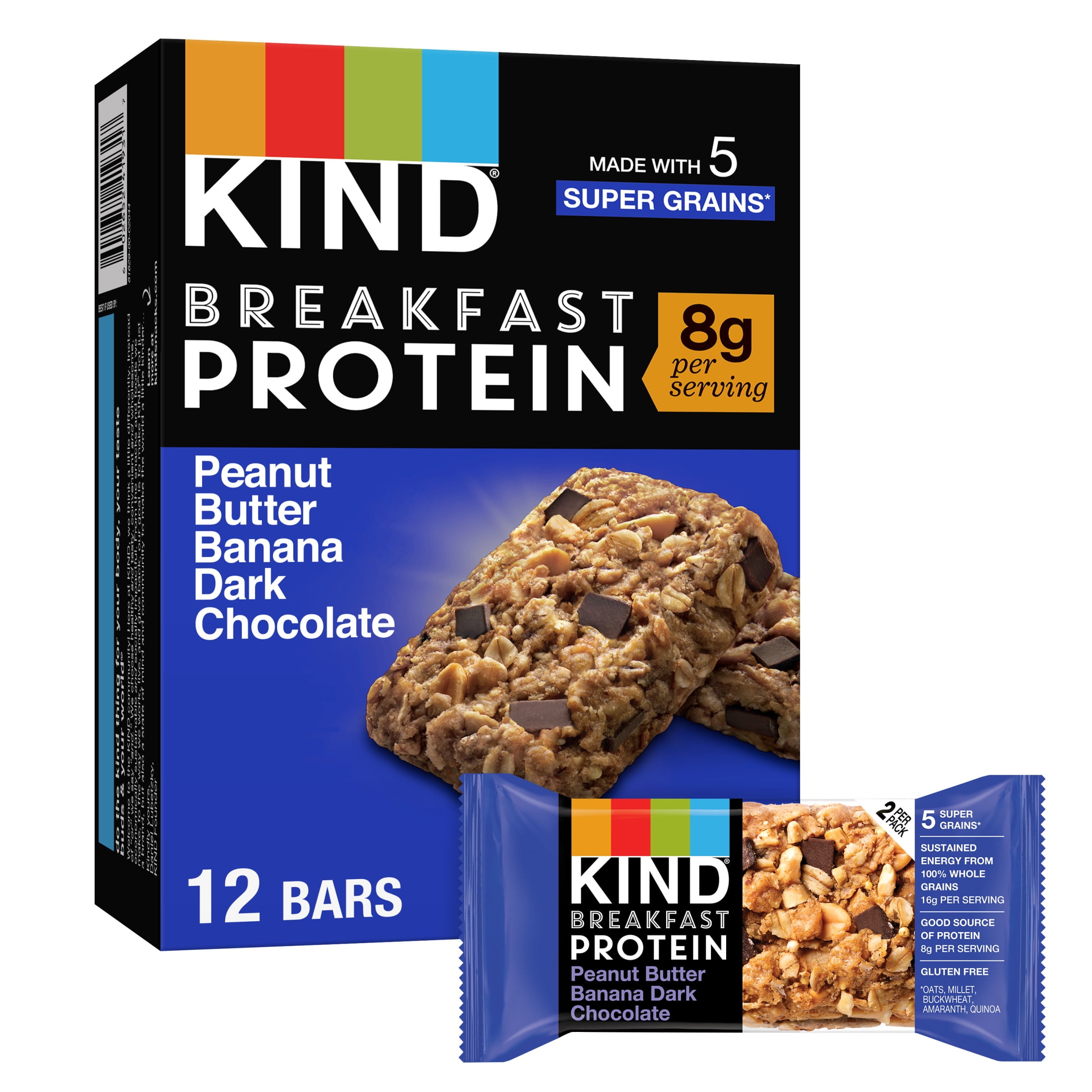 (5 pack) KIND Breakfast Peanut Butter Banana Dark Chocolate Gluten Free Protein Snack Bars, 1.76 oz, 12 Count One box