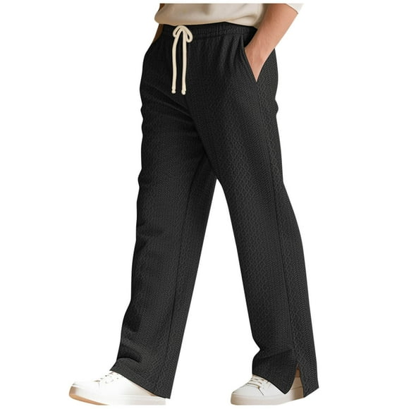 WRKEKC Casual Pants for Men Solid Color Loose Straight Leg Jacquard Knit Drawstring Split Hem Stylish Comfortable Long Pants Men's Daily and Fashion Wear