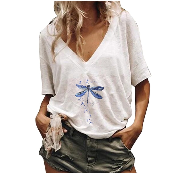 Top de manga corta para mujer con estampado sexy de verano con cuello en V informal a la moda para mujer Fridja ghk6159
