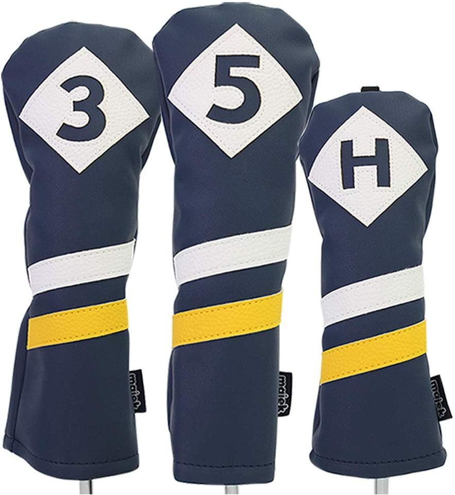 Majek Retro Golf Headcovers Blue White and Yellow Vintage Leather Style