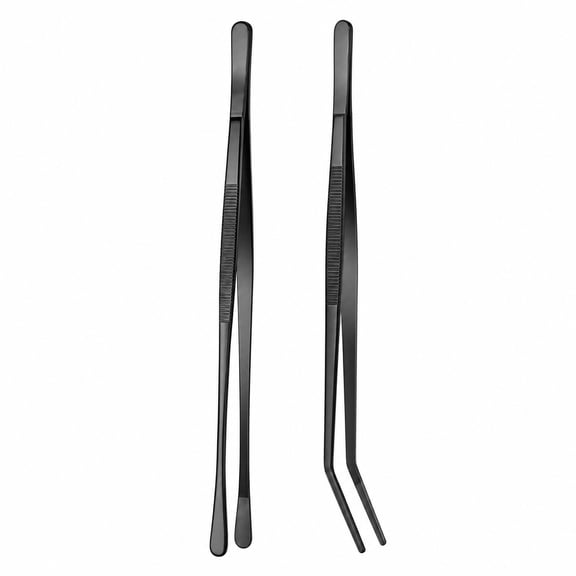 12 Inch Stainless Steel Fine Kitchen Tweezer Tongs, Professional Cooking Tweezers for BBQ, Seafood,Black ,2 Pack