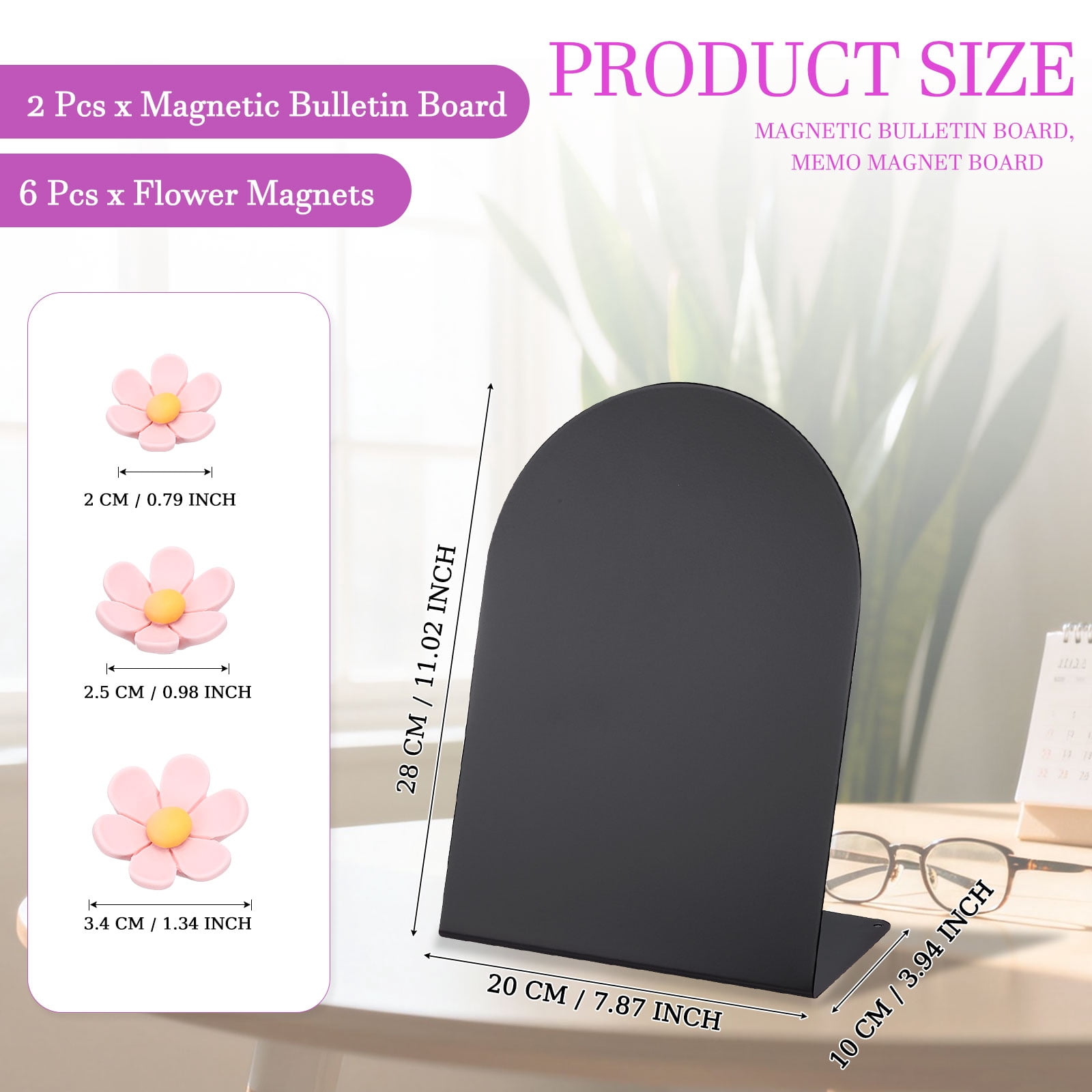 Uxcell 2 Pcs Magnetic Bulletin Board, Memo Magnet Display Stand Board with 6 Flower Magnets for Home Office Kitchen, Black/Pink