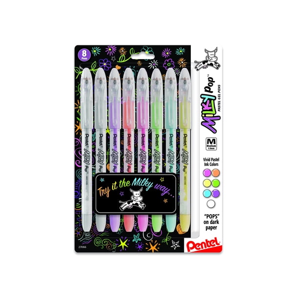 Pentel Milky Pop Gel Pen, 0.8mm, Assorted Colors, Pack of 8
