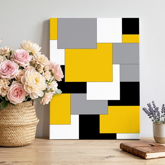 Abstract Art Canvas Wall Art Framed Wall Decor for Living Room Bedroom Bathroom, Patchwork Black and Yellow Canvas Pictures Ready to Hang Decor, 24"x36"