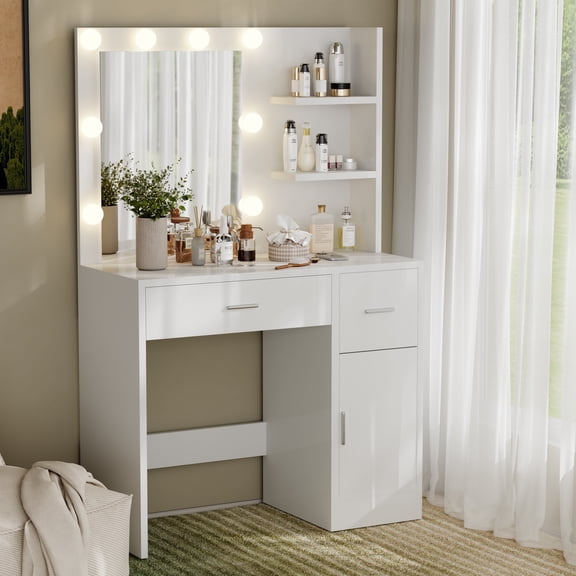 Makeup Vanity Desk with Mirror & Lights,Vanity Desk with Large Drawer & Shelves & Cabinet, 3 Color Modes & Adjustable Brightness, Dressing Table Set for Bedroom, White