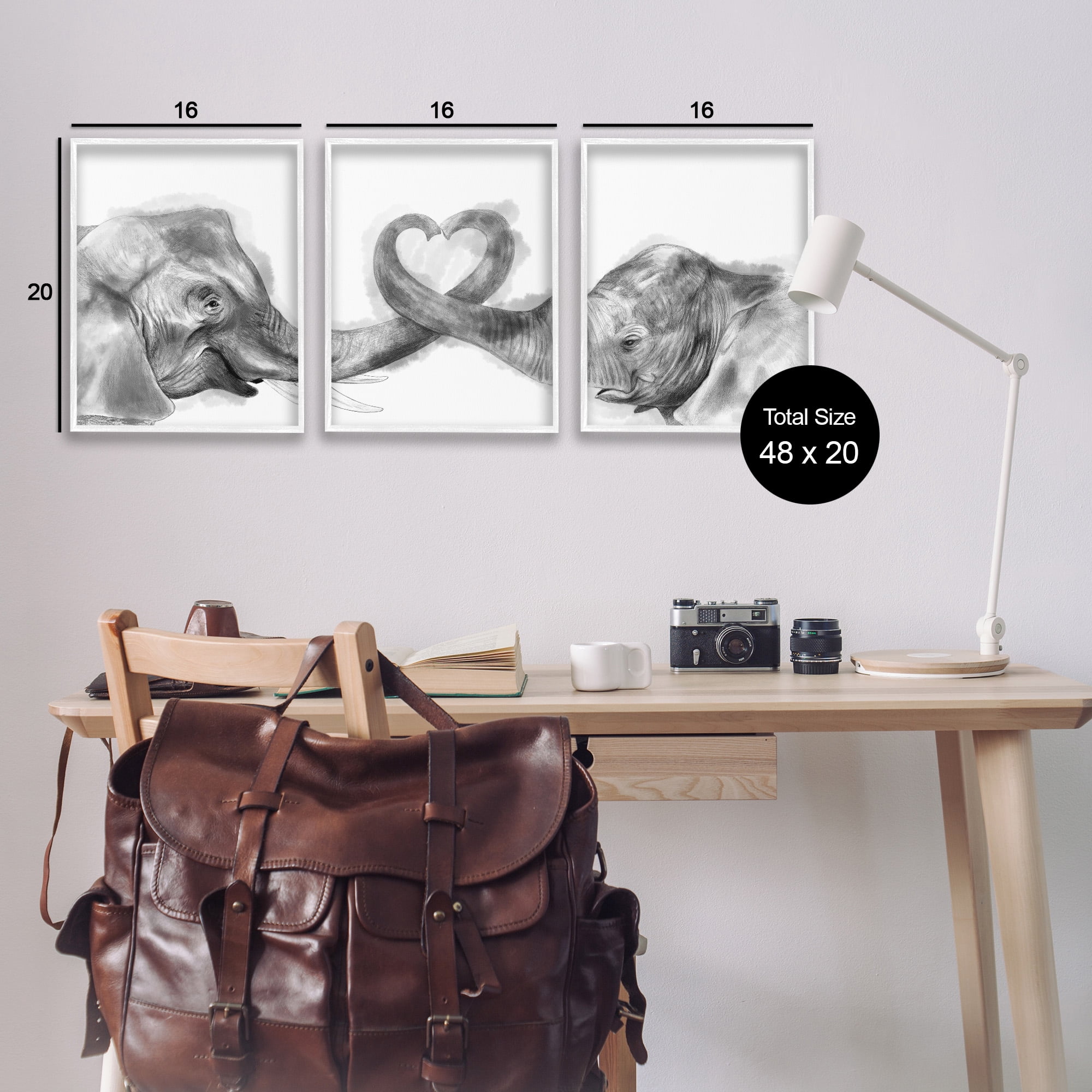Stupell Industries Elephant Trunk Heart Shape Animals & Insects Painting White Framed Art Print Wall Art, 16 x 20, Set of 3