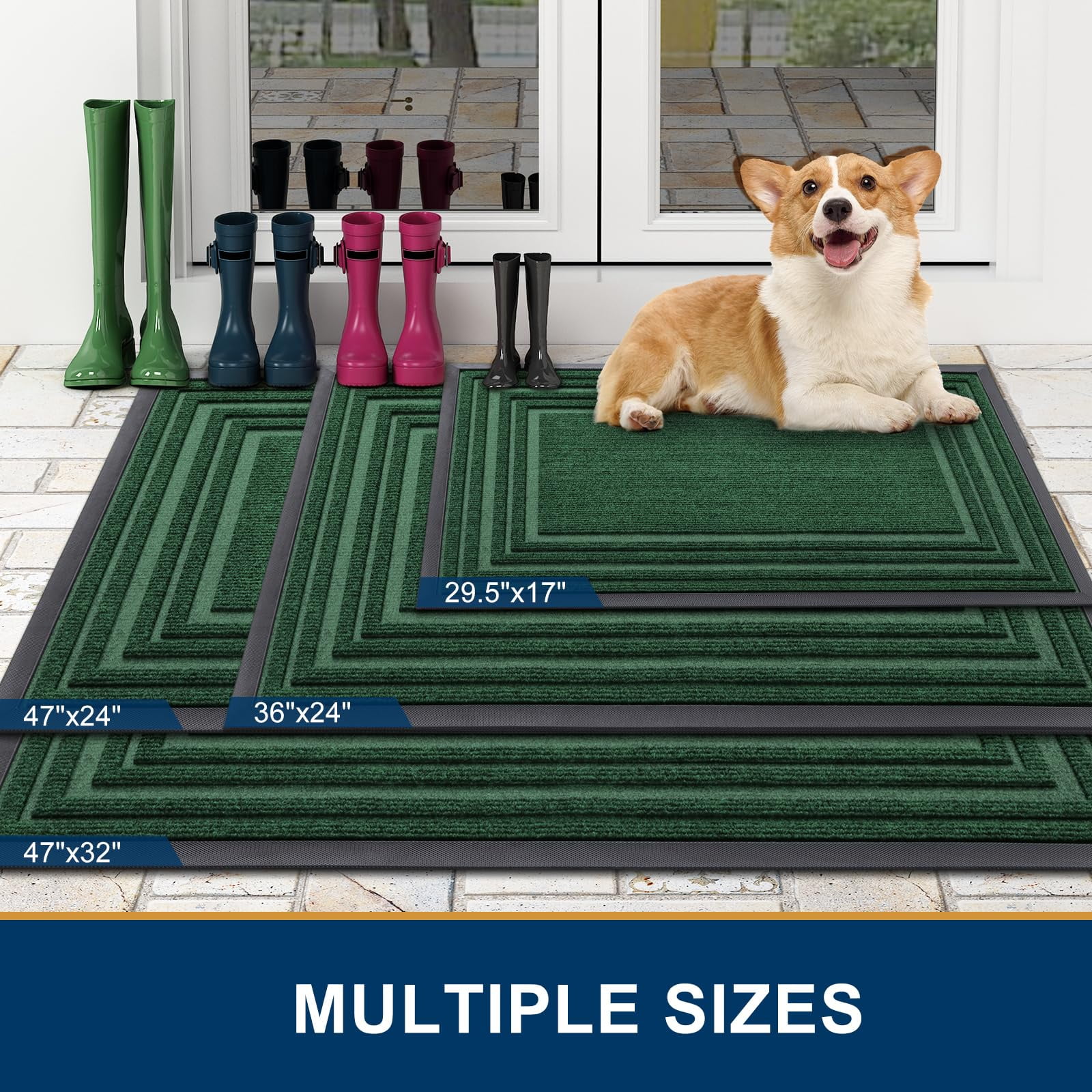 Buganda Heavy Duty Door Mats, Non Slip Waterproof Rubber Doormats for Outdoor and Indoor, Low Profile Dirt Trapper Entry Rugs, 29"x17", Green