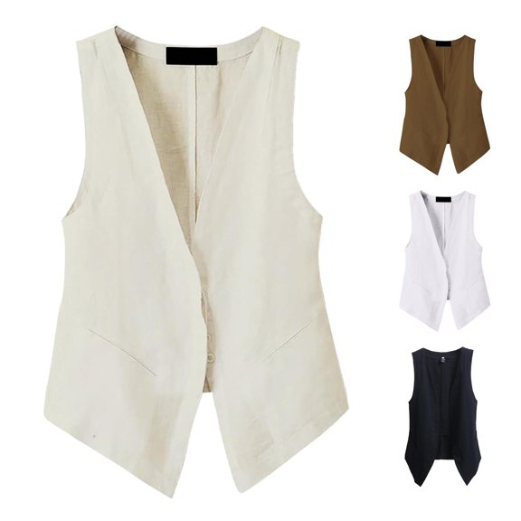 FINALGANG Womens Deep V Neck Linen Sleeveless Button Front Pocket Solid Slim Vest Tops Summer Office Daily Beach Casual Layering Waistcoat For Ladies Soft Top XL