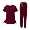 thumbnail image 2 of Uniformes de trabajo de enfermera, conjuntos de ropa de trabajo para mujeres, hombres, camisetas con cuello en V y pantalones para correr, resistentes Rojo oscuro XL Yinane Uniformes de trabajo, 2 of 8