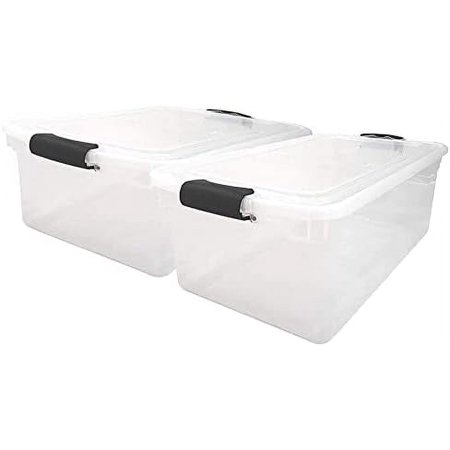 64 quart multipurpose stackable storage container tote bins with secure latching lids for home and office organization, clear (2 pack)