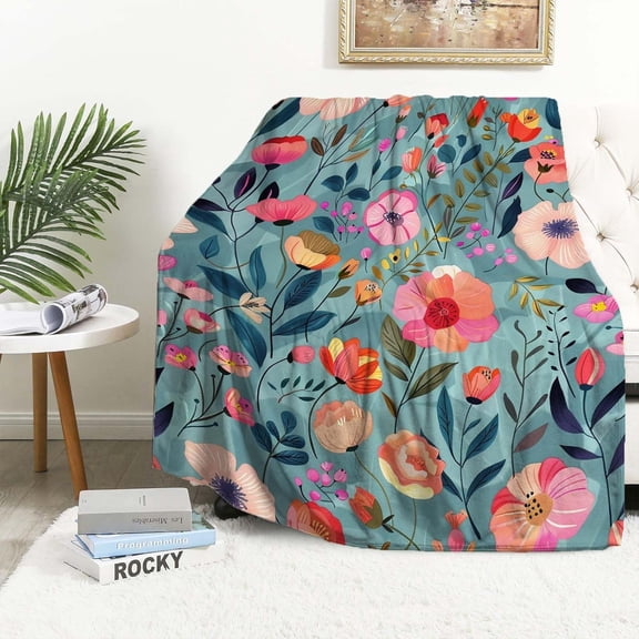 Boho Floral Blanket Throw, Pink Flowers Throw Blanket Gift for Adults Men Women, Soft Lightweight Flannel Fabric, Washable No-Pilling, 60x80 inches