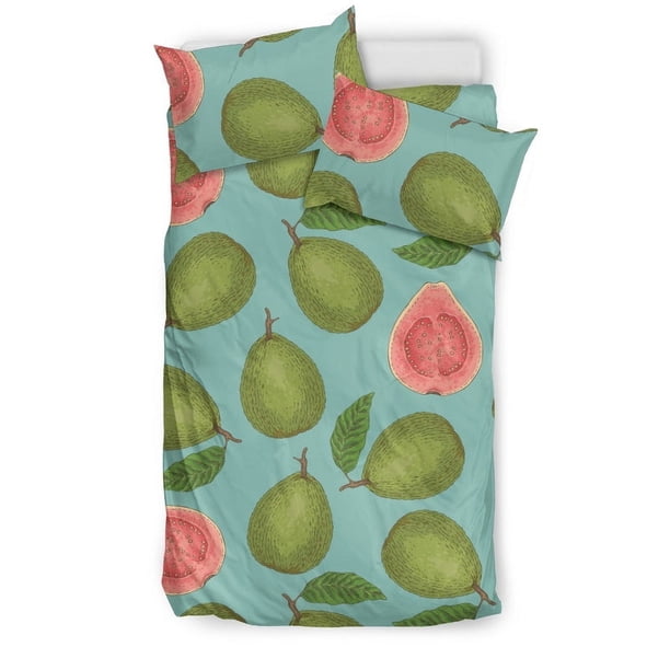 Juego de cama con fondo verde y estampado de guayaba