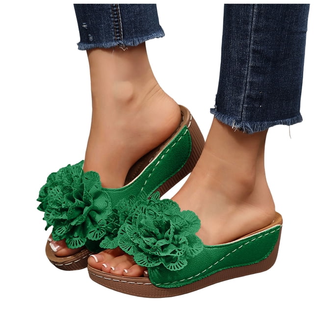 Womens Floral Summer Platform Beach Sandals Wedge Open Toe Slides Open Toe Wide Width Non Slip Dressy Slippers Green Size 8