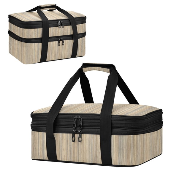 Large Double Decker Insulated Casserole Carrier Expandable 2-Layer Thermal Food Tote Bag Warm Beige Wood Pattern Hot Cold Pizza Lasagna Holder for Potluck Picnic Party Camping