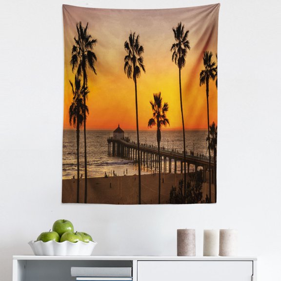 Vintage Beach Tapestry, Photo of Palm Trees at Manhattan Beach in Los Angeles Sunset Silhouette Art, Fabric Wall Hanging Decor for Bedroom Living Room Dorm, 5 Sizes, Multicolor, by Ambesonne