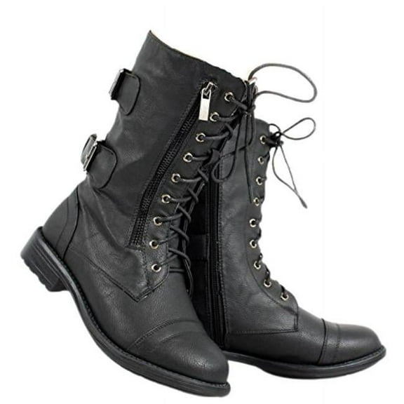 Trendsup Anya-1 Women's Mid Calf Lace Up Combat Boots