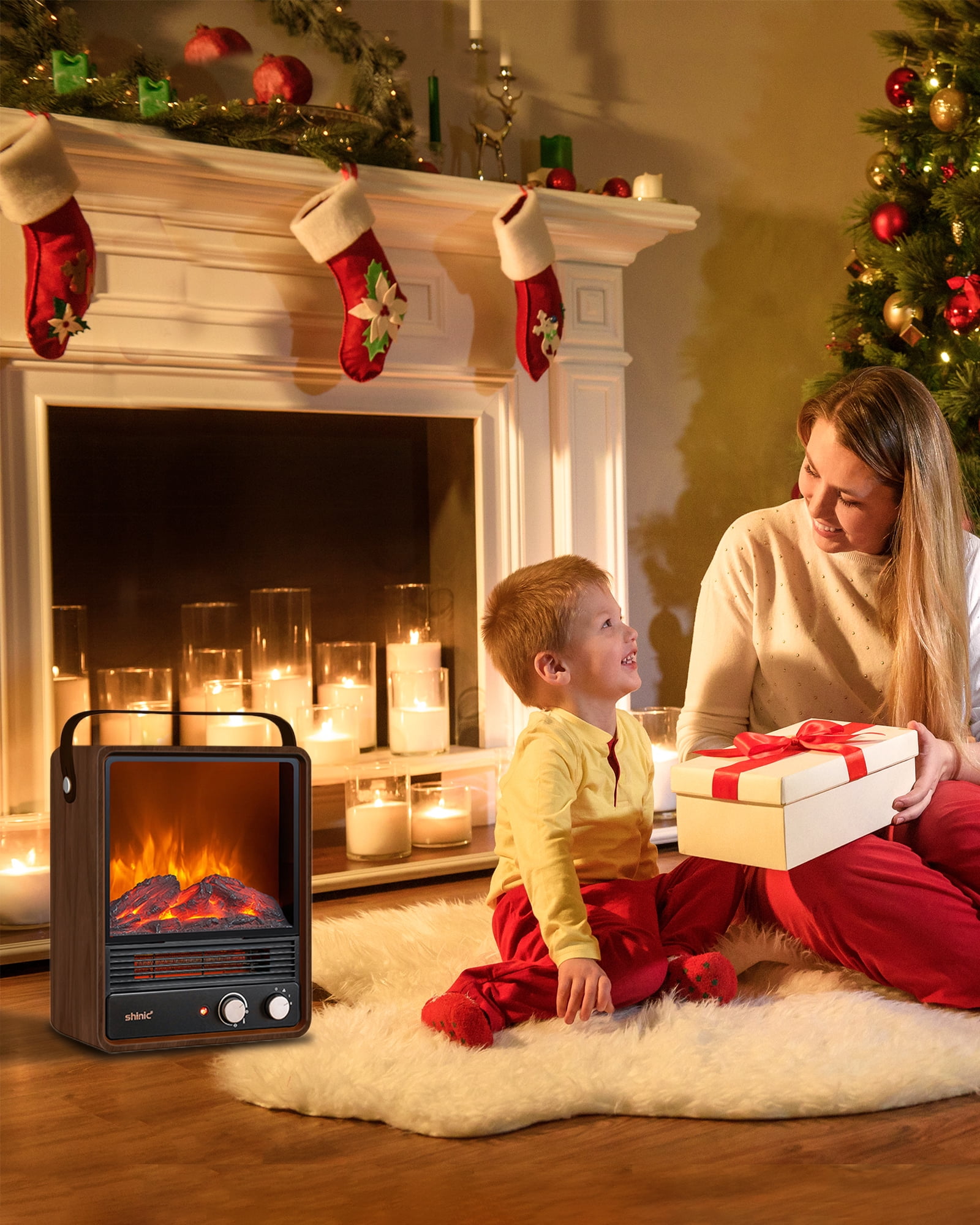 Shinic 1500W  Electric Portable Fireplace Heater, with Realistic Flame & Fire Crackling Sound, Walnut