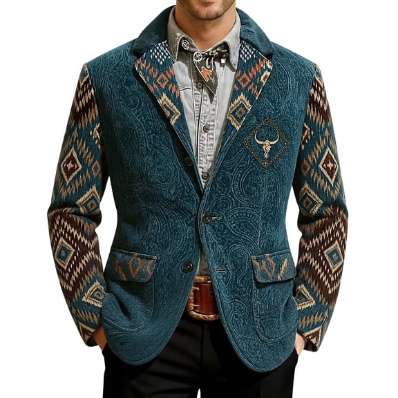 DGMIOCS Men's Corduroy Western Print Blazer Vintage Single Button Coat Long Sleeve Jacket with Pockets Navy L