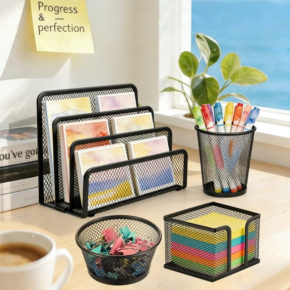 cisilov Desk Organizer Set with Letter Sorter, Pen Holder, Memo & Clip Holder, Black Steel Mesh Desktop Organizer for Office, Classroom, Teacher Gifts