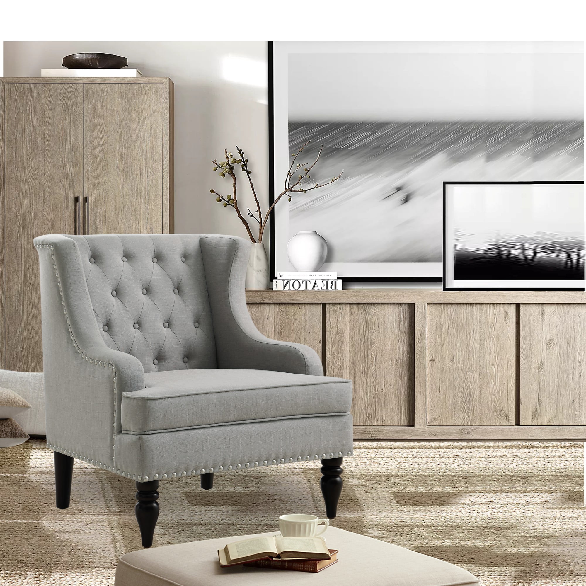 Gewnee Linen Accent Chair/Armchair with Solid Rubberwood Legs - Gray, Suitable for Living Room & Balcony