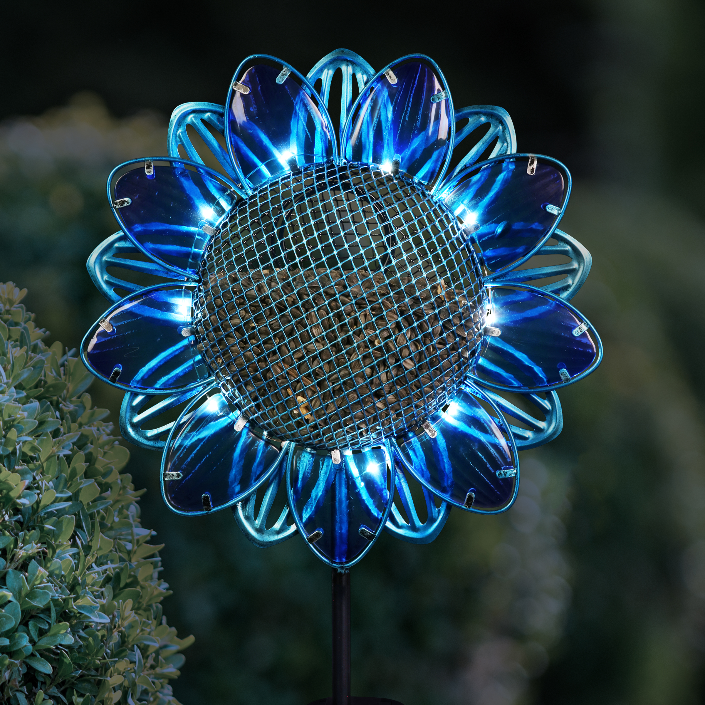 Exhart  Blue Sunflower Metal and Glass Bird Seed Feeder Solar Powered Garden Stake, 11 by 36 inches - image 3 of 7
