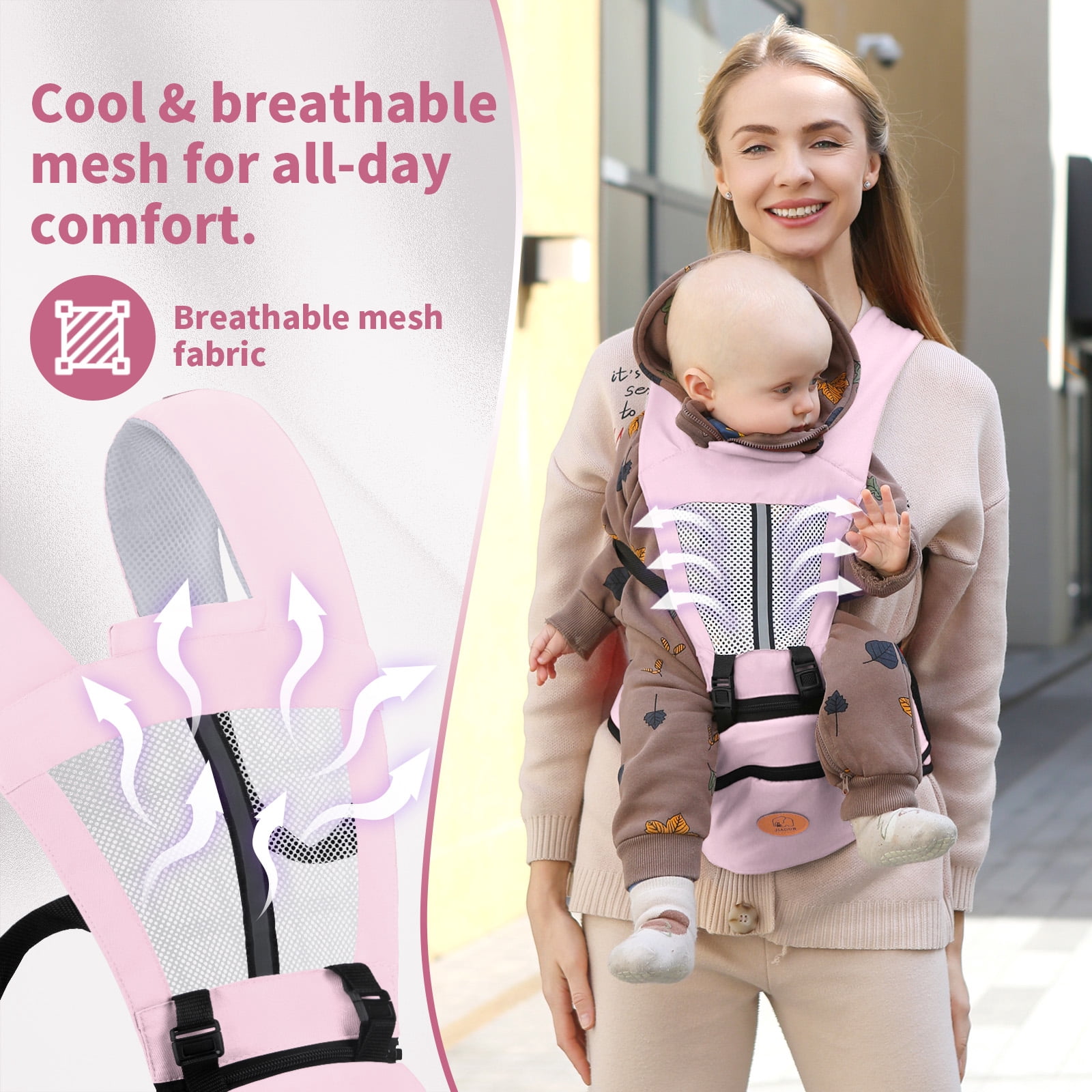Lvelia Baby Carrier, 6-in-1 Ergonomic Baby Carrier Newborn to Toddler with Hip Seat,Front & Back Baby Holder Carrier,Perfect for Shopping Travelling,up to 44lbs,Pink