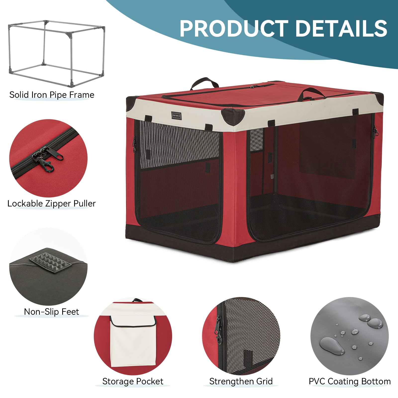 Petsfit 36 Inch Dog Crate, Adjustable Fabric Cover by Spiral Iron Pipe, Chew Proof 3 Door Design, Soft Collapsible Dog Kennel,Red