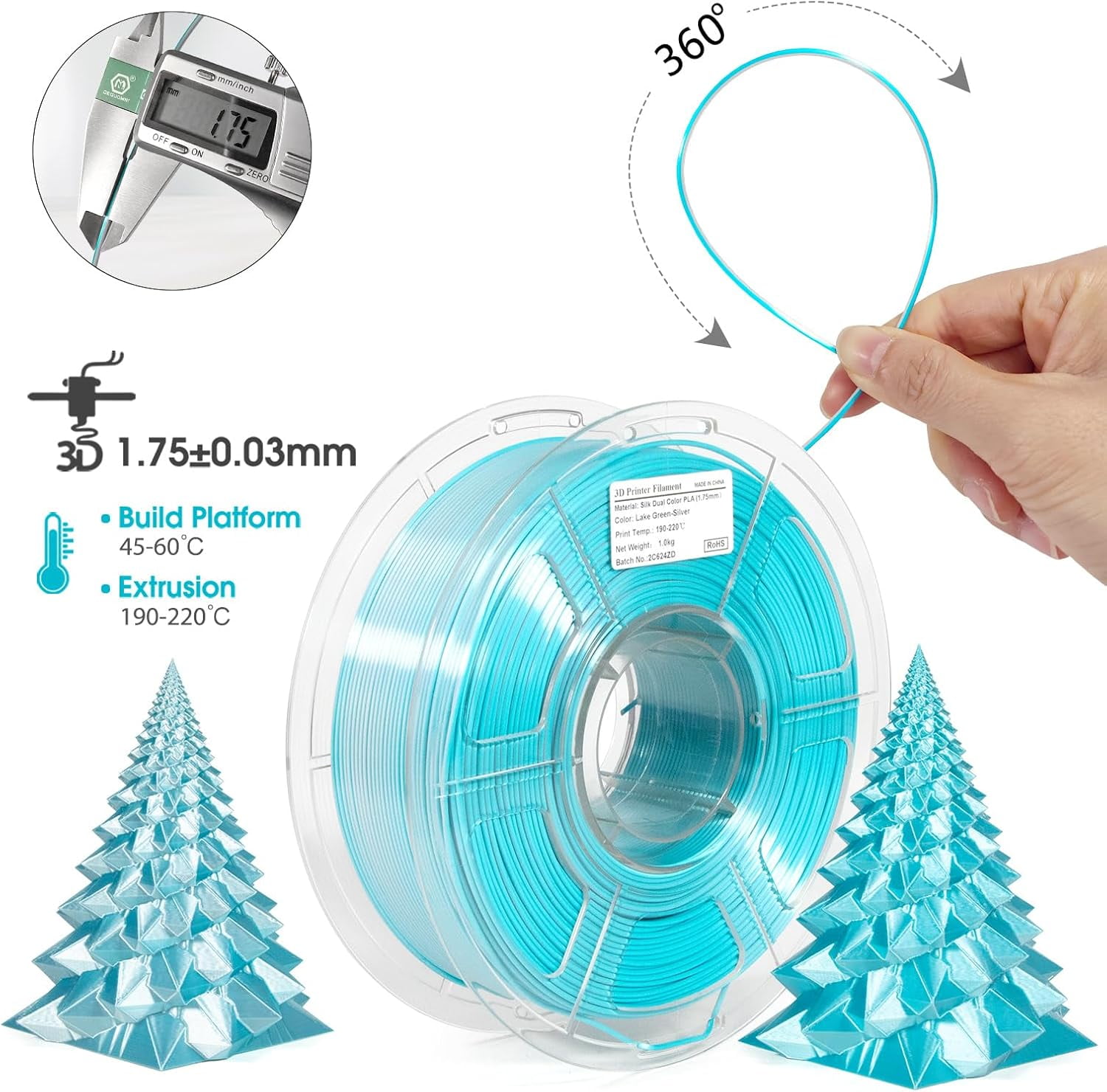 iSANMATE 3D Printer Filament, PLA Filament 1.75mm Dual Color Shiny Silk Coextruded 1 kg/Spool (Lake Green and Silver)