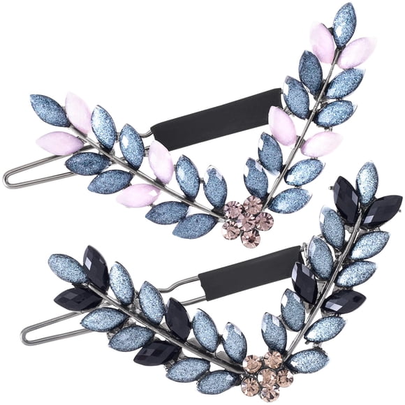 HINZIC 2 pinzas para el pelo con diamantes de imitación en forma de V de 2,6 pulgadas, color gris y negro, pequeñas horquillas para el pelo, pasadores decorativos con hojas de cristal vintage, bodas,