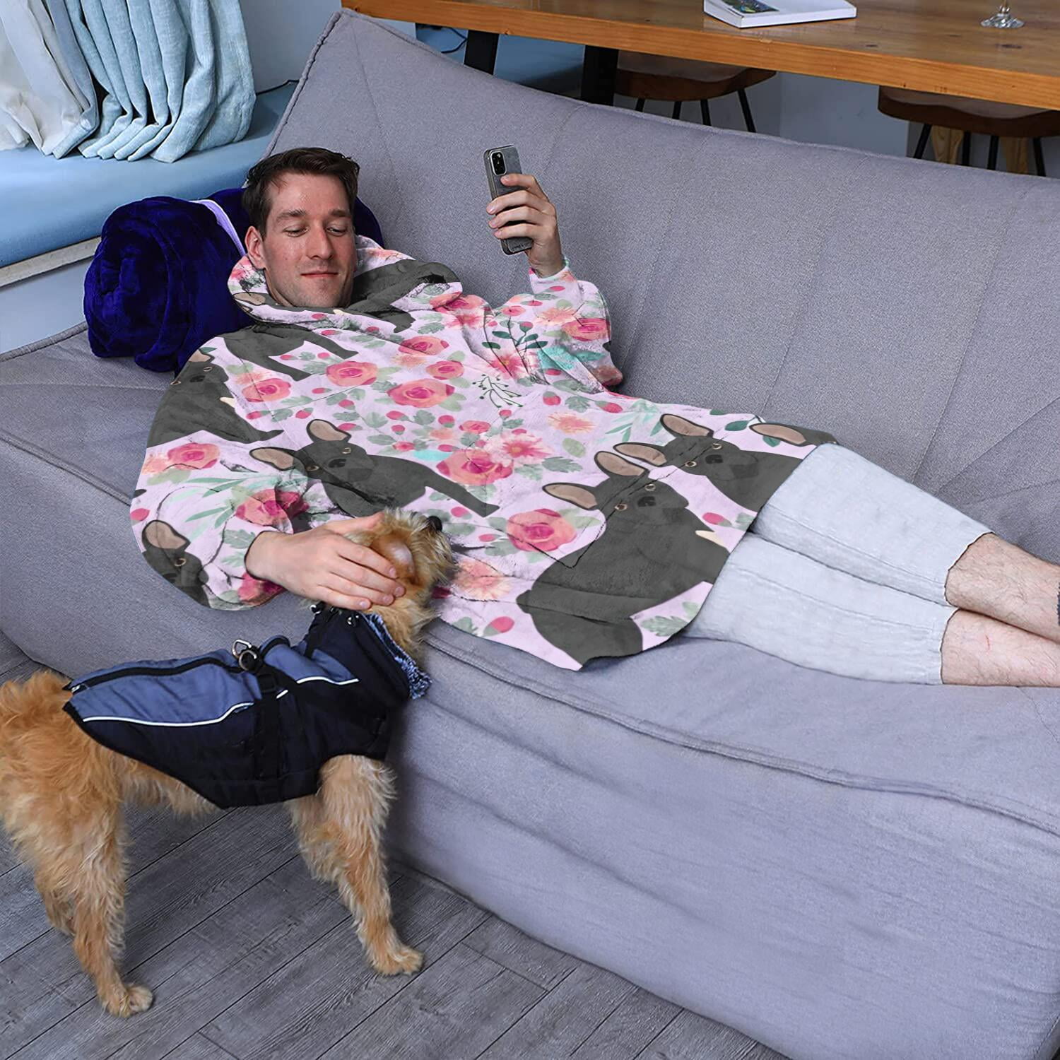 French Bulldog and Flower Wearable Oversized Blanket,Wearable Blanket Hoodie for Adults,Cozy Hooded Blankets with Super Pockets,Super Warm Fuzzy Pullover for Women & Men