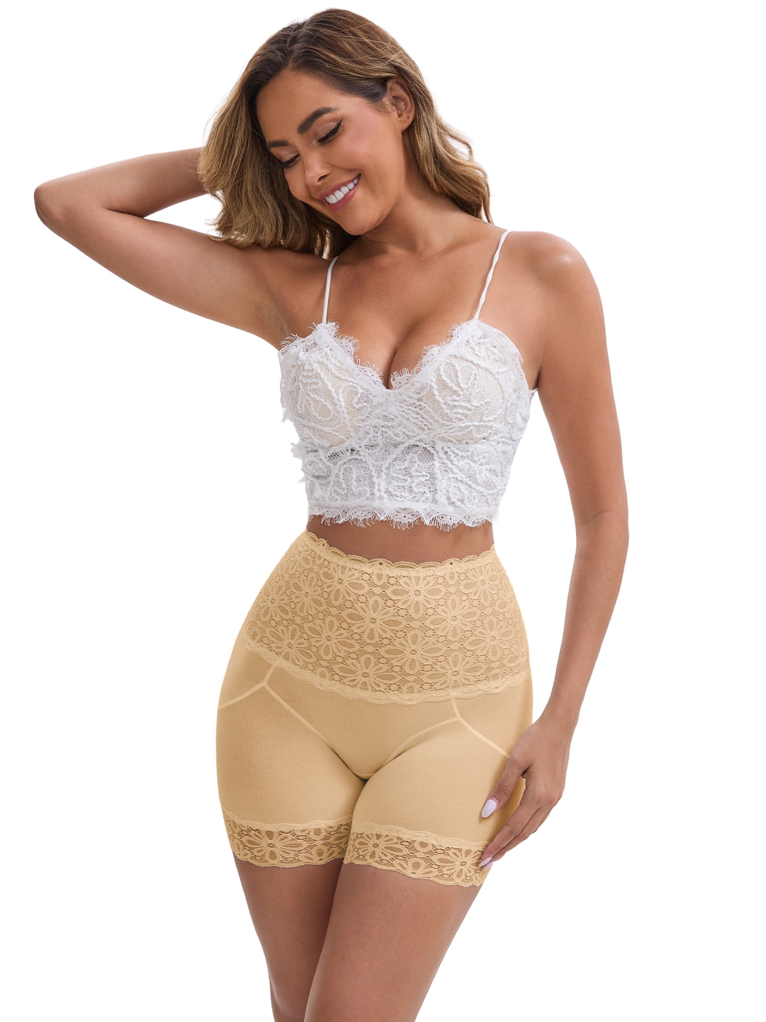 DARING DIVA Women's Lace Trim Tummy Control Slip Butt Lifter Body Shaper L Beige
