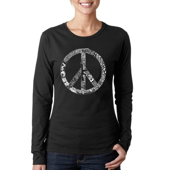 LA Pop Art Women's Word Art Long Sleeve T-Shirt - PEACE, LOVE, & MUSIC