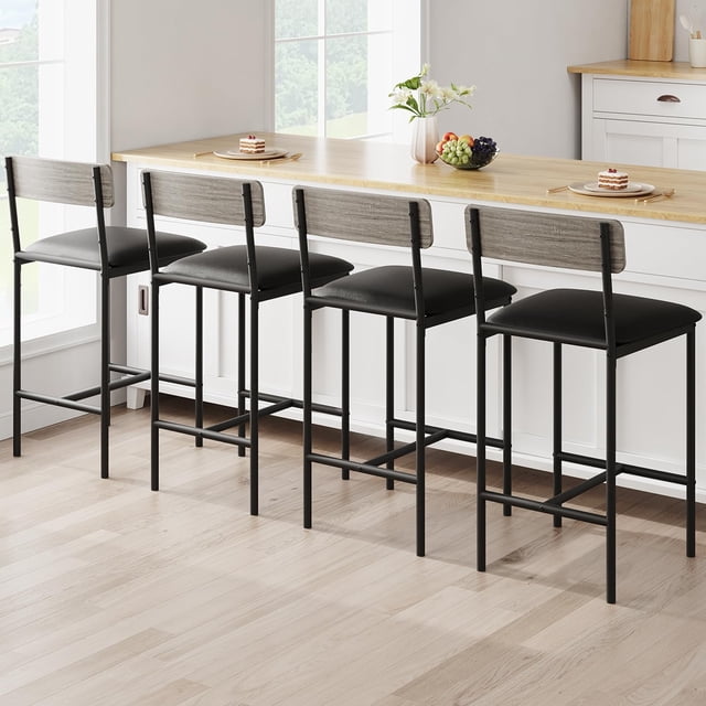 Eastvita Set of 4 PU Upholstered Bar Stools with Footrest/Back - Counter Height Kitchen Bar Chairs for Kitchen Island/Apartment or Counter Bar (Gray/Easy Assembly)