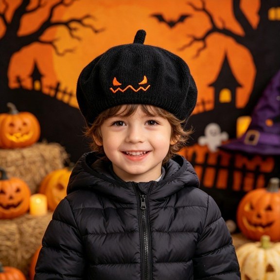 CUZIBR Children Halloween Knitted Beret With Pumpkin Face Embroidery Soft Stretchy Warm Hat Kids Boys Holiday Cosplay Party Headwear Accessory